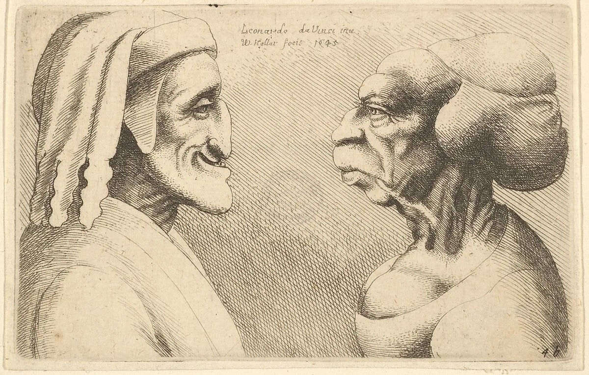 Two deformed heads (the figure on the left is possibly a caricature of Dante) — Leonardo da Vinci|Wenceslaus Hollar