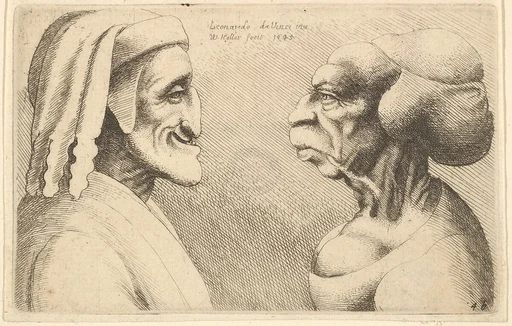 Two deformed heads (the figure on the left is possibly a caricature of Dante)