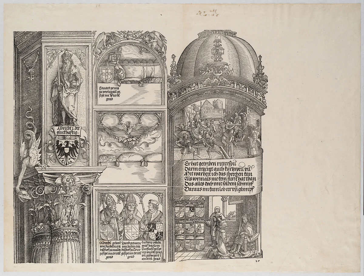 Tournaments and Masquerades; and Maximilian's Genealogical and Heraldic Studies; with a Statue of Albrecht the Lucky; and Portraits of Maximilian's Ancestors and Relatives,from the Arch of Honor, proof, dated 1515, printed 1517-18 — Albrecht Dürer|Hieronymus Andreae|Albrecht Altdorfer|Hans Springinklee