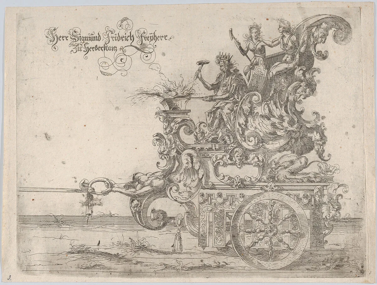 Procession, with a male and two female figures seated on a float — Anonymous, German, 16th century