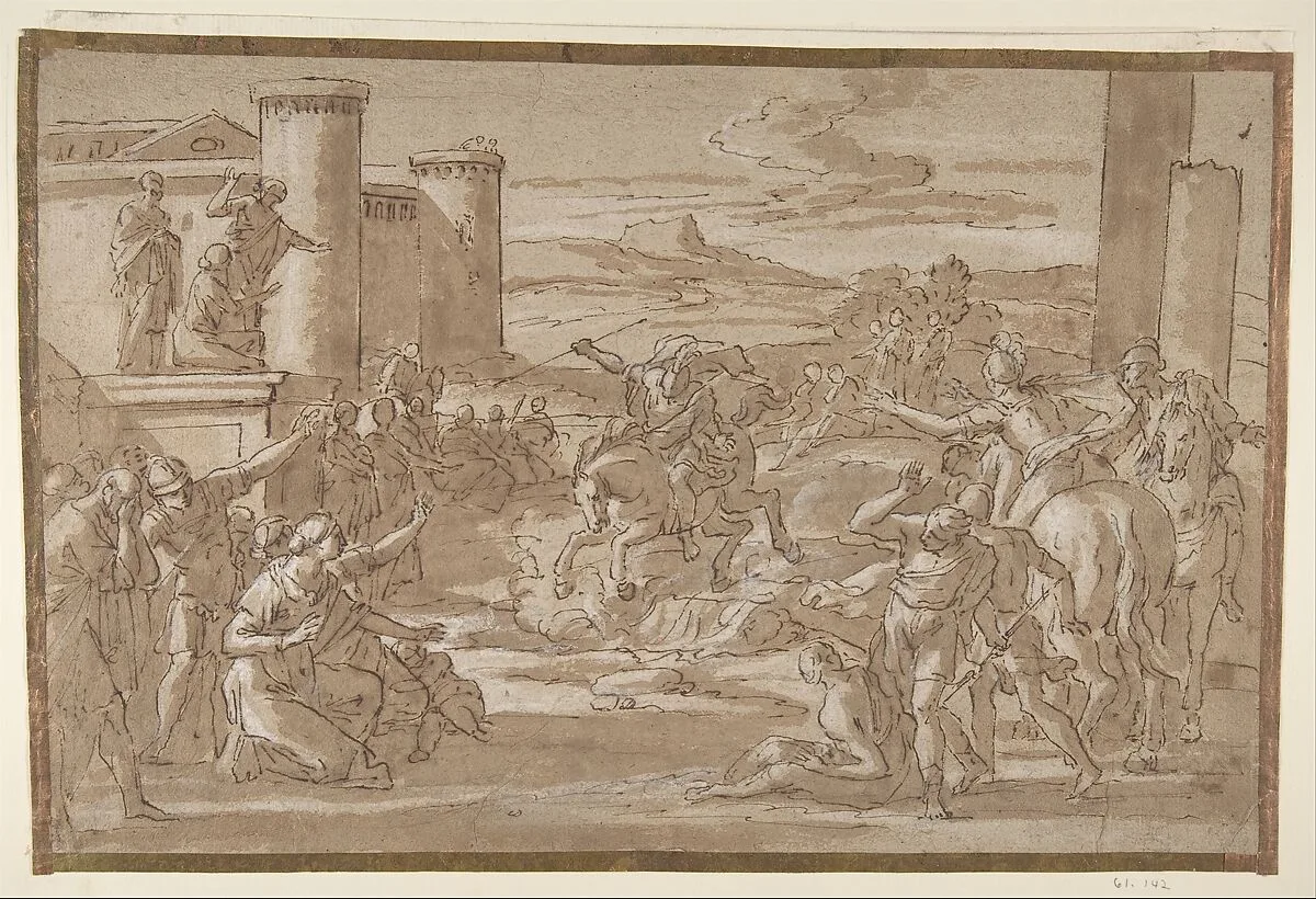Marcus Curtius Leaping into the Chasm (recto); Study of a Seated Crowned Female Figure (verso) — Luigi Garzi