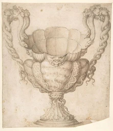 Design for a Decorated Drinking Cup with Floriated Heads around Large Mouth, Intertwined Serpents as Handles