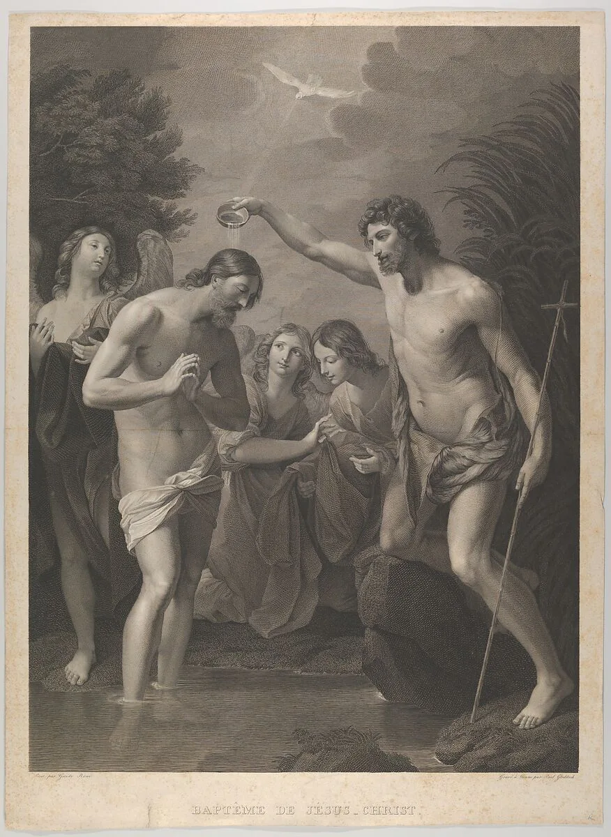 The Baptism of Christ; Saint John the Baptist at right and Christ at left with his hands held together, the Holy Dove above, angels in the background, after Reni — Guido Reni|Paul Gleditsch