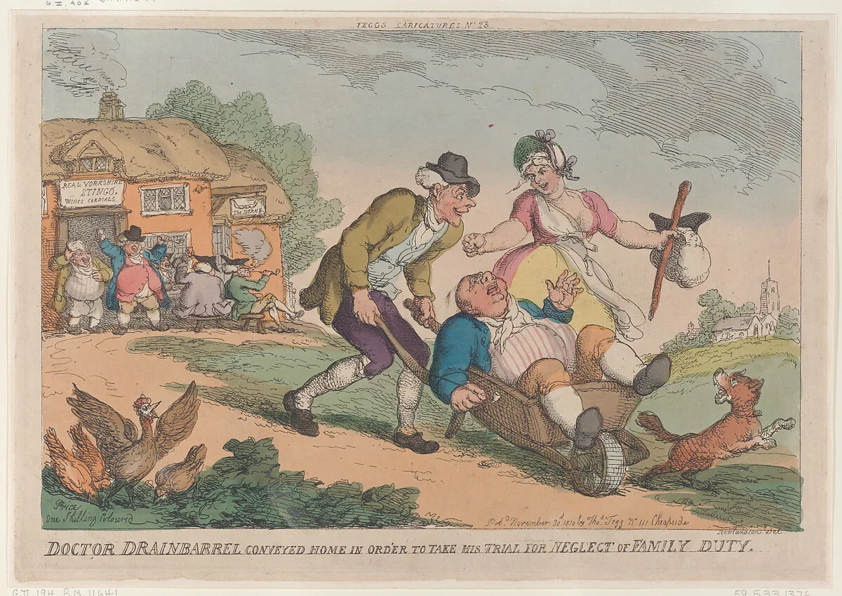 Doctor Drainbarrel Conveyed Home in order to Take His Trial for Neglect of Family Duty — Thomas Tegg|Thomas Rowlandson