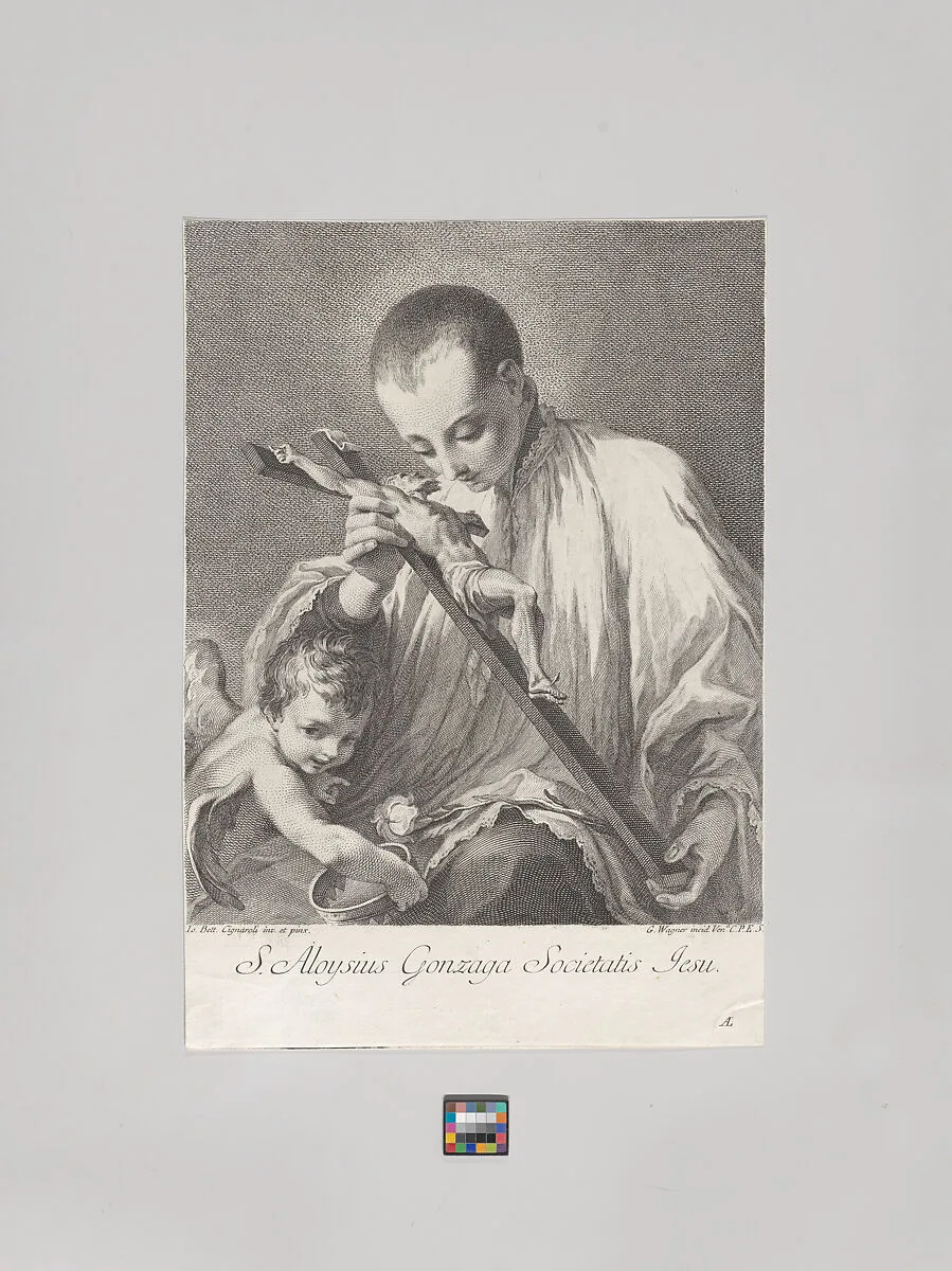 Saint Aloysius Gonzaga holding a crucifix, with an angel holding a crown at left — Giambettino Cignaroli|Joseph Wagner|Saint Aloysius Gonzaga