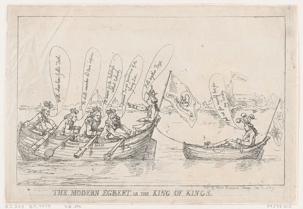 The Modern Egbert, or The King of Kings — Edward Thurlow, 1st Baron Thurlow|George IV, King of Great Britain and Ireland|Thomas Rowlandson|George Nugent Temple Grenville, 1st Marquess of Buckingham|William Pitt|Henry Dundas, 1st Viscount Melville