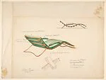 Shais in legno compensato...[Perspective and Elevation of a Chaise with Tubular Metal Frame and Green Cushion and Arm Rests]
