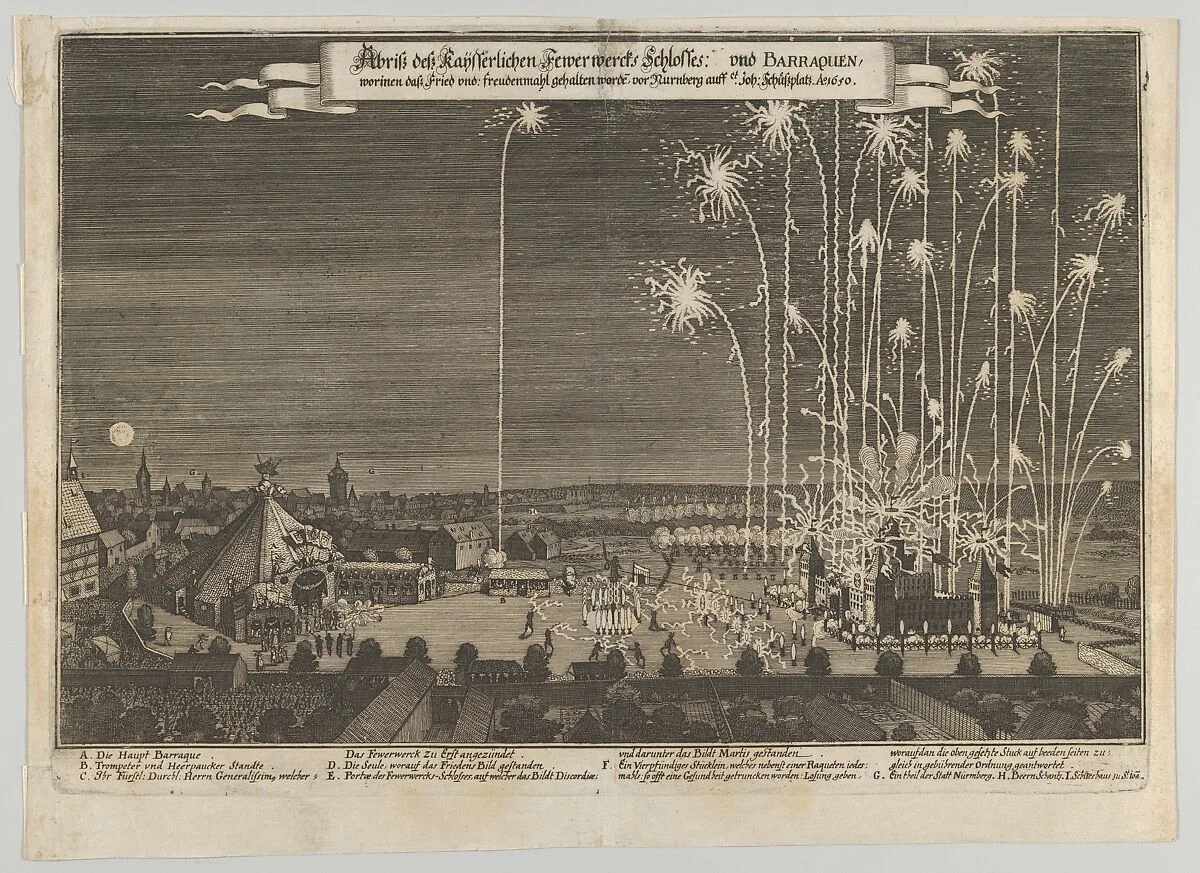Fireworks display celebrating the end of the Thirty Years War, Nuremberg, 1650 — Michael Herr|Anonymous|Peter Troschel