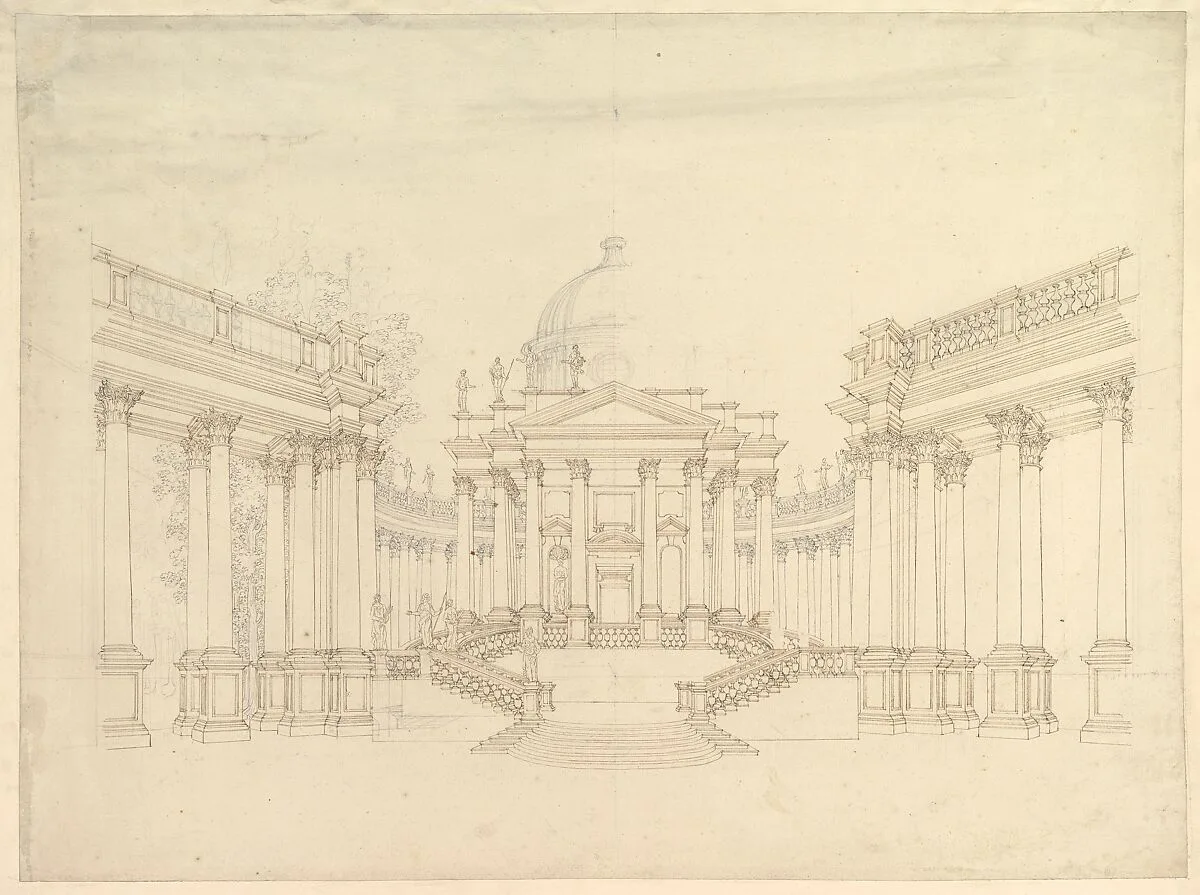 Design for Stage Set: Centralized Villa with Cupola ("Villa rotunda" Style) and Colonnaded Wings. — Giuseppe Galli Bibiena