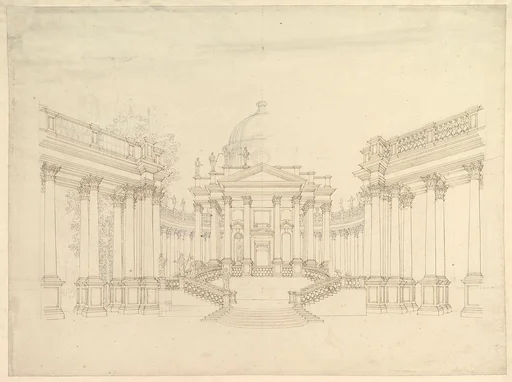 Design for Stage Set: Centralized Villa with Cupola ("Villa rotunda" Style) and Colonnaded Wings.