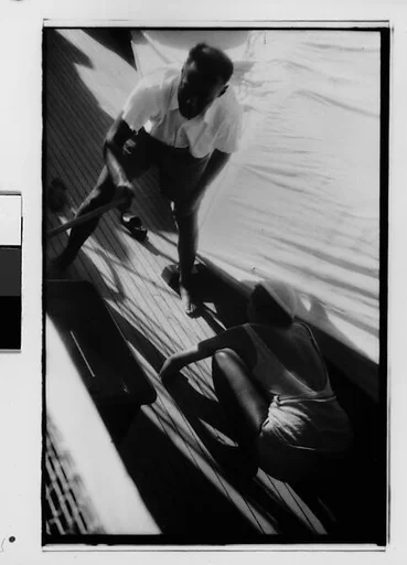 [Three 35mm Film Frames: South Seas: Oliver? and Isabelle Jennings Aboard the Cressida]