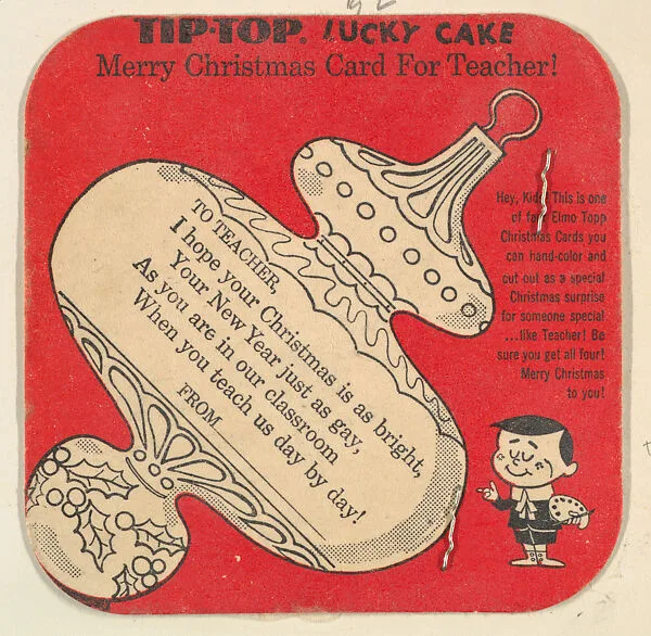 Merry Christmas Card for Teacher, bakery card from the Lucky Cake Merry Christmas series (D94-2), issued by Tip Top Bakeries — Tip Top Bakeries