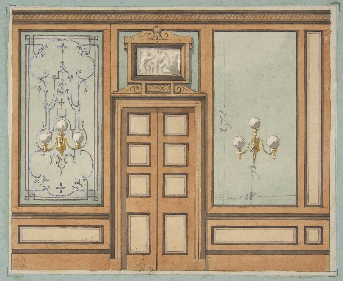 Elevation of a paneled interior with double doors and gaslight sconces — Jules-Edmond-Charles Lachaise|Eugène-Pierre Gourdet