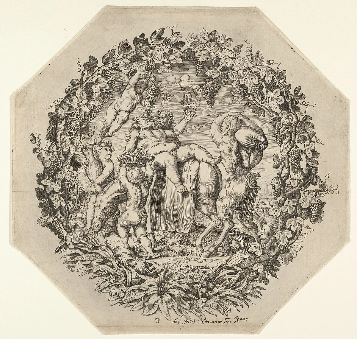 A Bacchanal: a satyr holds Silenus as he lies on a donkey's back and picks a leaf from a garland, two putti carry an amphora and a basket with grapes at left, and a faun carries a sack at right — Giovanni Battista Costantini|Guido Reni