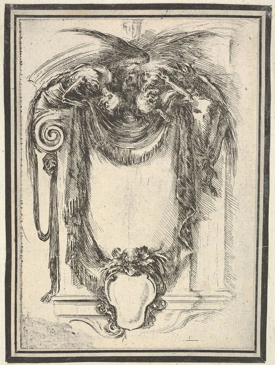Plate 10: a cartouche formed by drapery and topped with two skeletons atop an Ionic entablature, from 'Nouvelles inventions de Cartouches' — Stefano della Bella