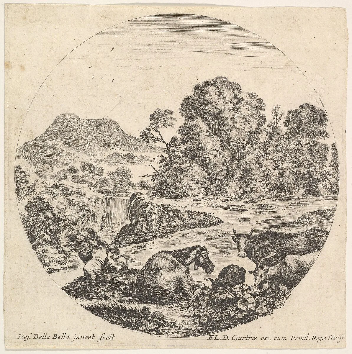 Plate 10: a horse lying down in center, a cow and two goats to right, two seated shepherds to left, a waterfall and a mountain to left in the background, a round composition, from 'Roman landscapes and ruins' (Paysages et ruines de Rome) — Stefano della Bella|François Langlois