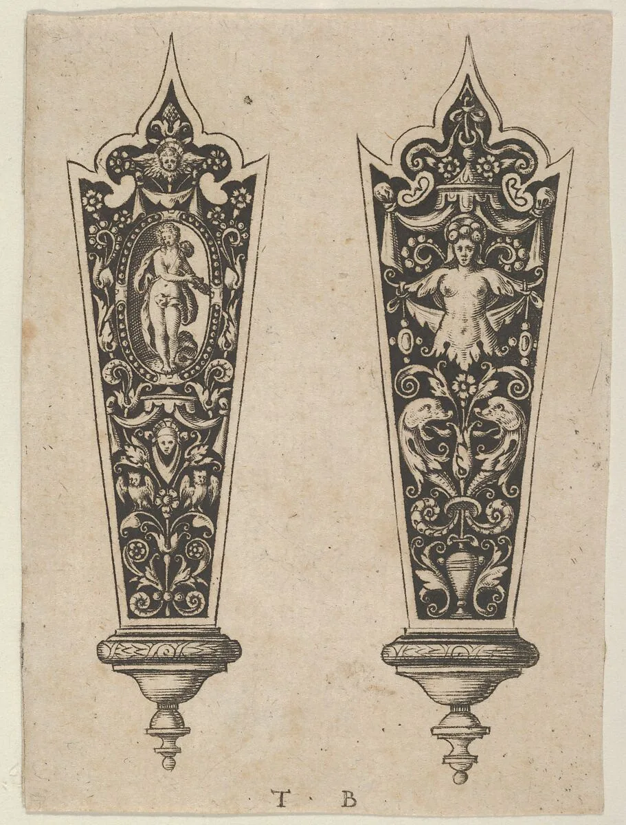 Design for Knife Handles with the Death of Lucretia and Grotesques — Theodor de Bry