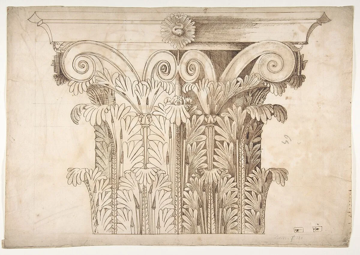 Unknown, Corinthian capital, elevation (recto) Unknown, Corinthian capital, plan diagram and detail (verso) — Anonymous, French, 16th century