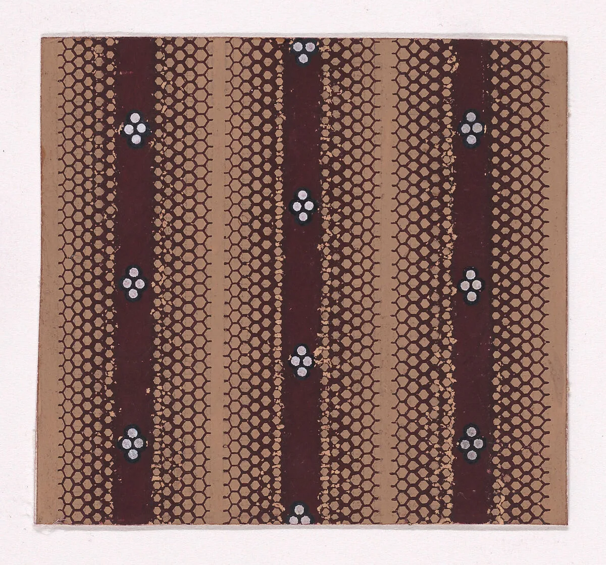 Textile Design with Vertical Stripes Decorated with Quatrefoils of Pearls and with Offsetting Honeycomb Patterns — Anonymous, Alsatian, 19th century
