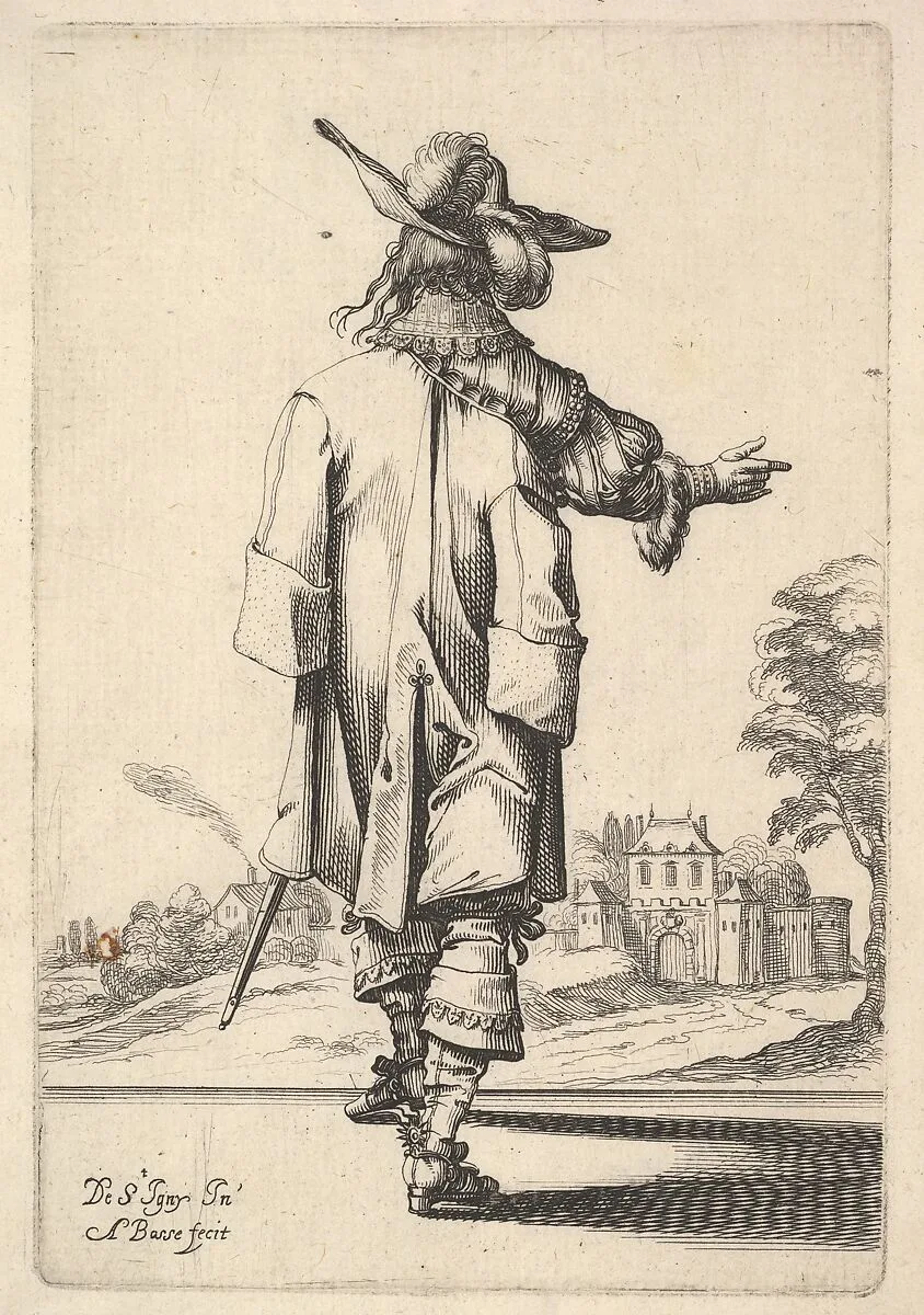 A gentleman, seen from behind, with his right arm outstretched and a cloak over his left shoulder, from "The Garden of the French Nobles In Which One Can Pick Up Their Way of Dressing" — Abraham Bosse|Jean de Saint-Igny