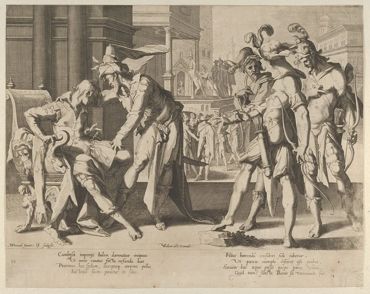 Cambyses Commanding the Flaying of the Judge Sisamnes, from Thronus Justitiae, tredecim pulcherrimus tabulis..., plate 6 — Joachim Wtewael|Willem van Swanenburg|Christoffel van Sichem I