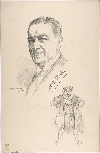 Portrait Head of the actor Arthur Bourchier, also shown full-length in costume — John Hassall|Arthur Bourchier|Charles A. Buchel