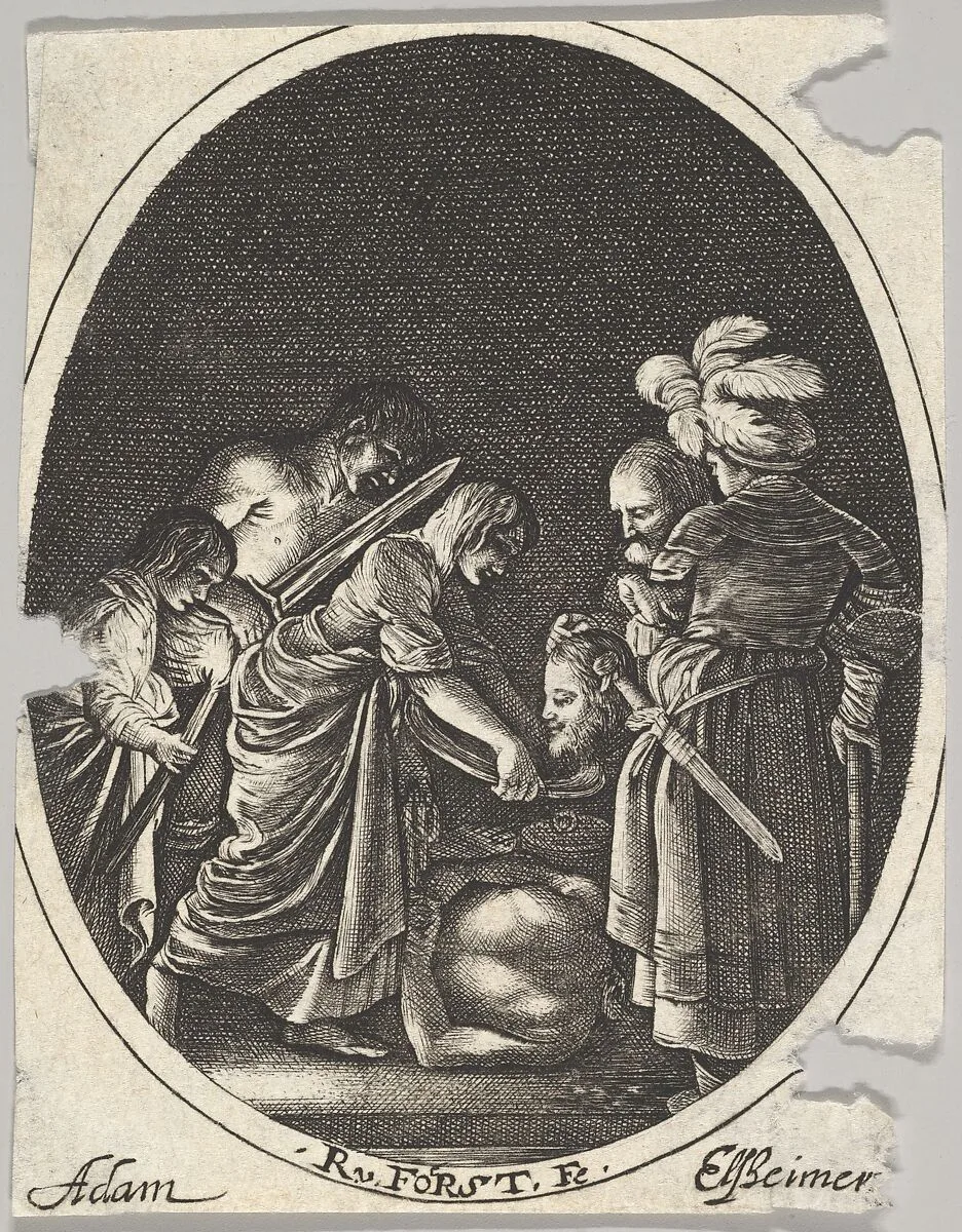 Salome receiving the head of John the Baptist, surrounded by three men and a child bearing a torch, the Baptist's body lies on the ground, an oval composition — Hendrick Goudt|Adam Elsheimer