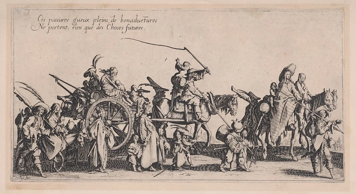 Les Bohémiens en Marche: L'Arrière-Garde, pièce aussi appelée Le Départ (The Gypsies Travelling: The Rear Guard, also called The Departure), from Le Bohémiens, série appelée aussi Les Égyptiens, La Marche des Bohémiens, La Vie Errante des Bohémiens, Les Marches Égyptiennes (The Gypsies, series also called The Egyptiens, The Gypsy Troops, The Wandering Lives of Gypsies, The Egyptian Troops) — Jacques Callot