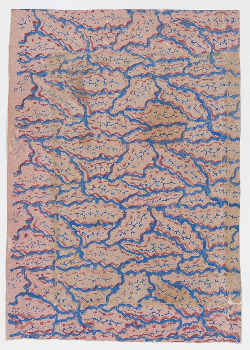 Pink sheet with overall blue abstract pattern — Anonymous