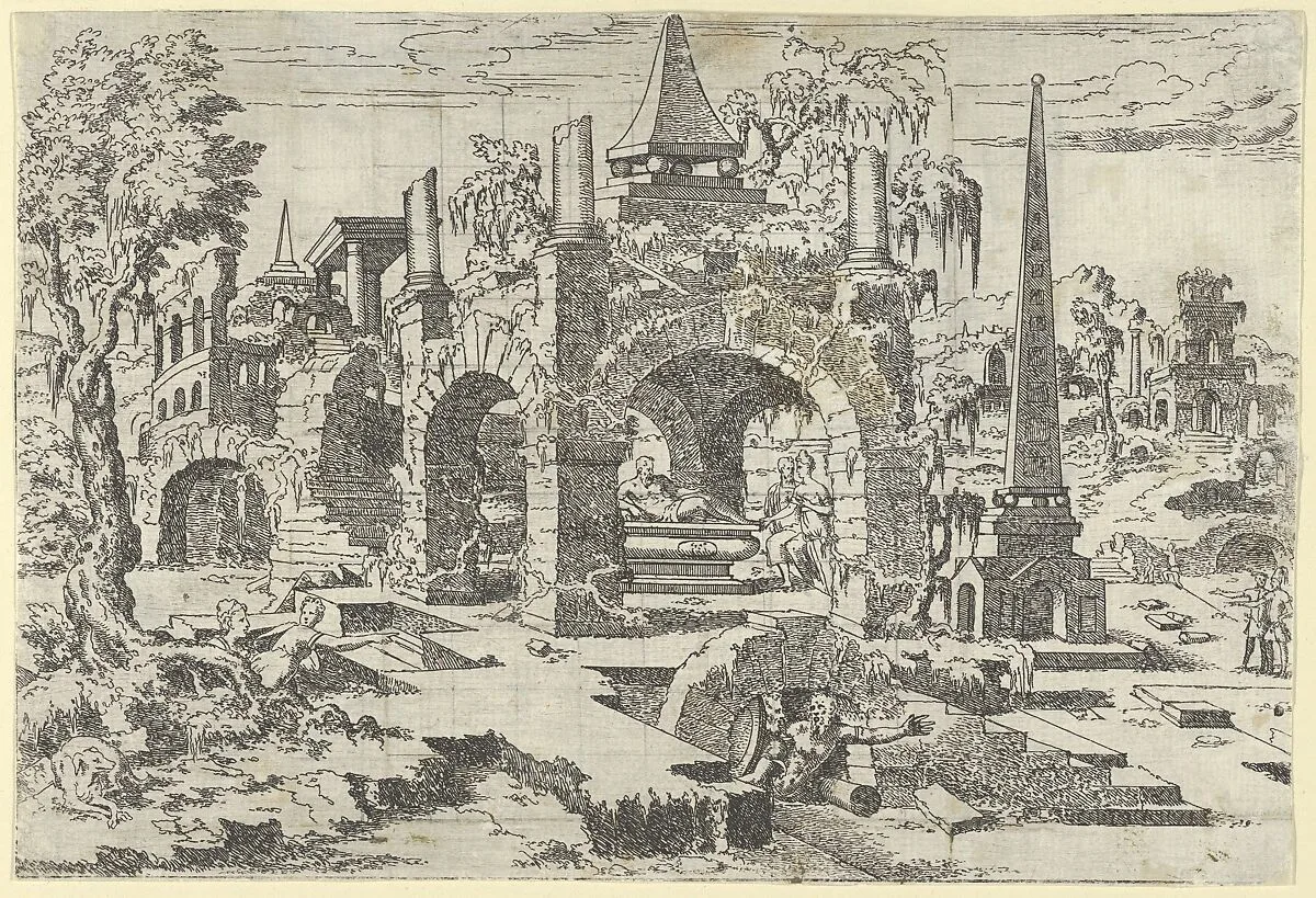 Landscape with Arched Tomb and an Obelisk — Léon Davent