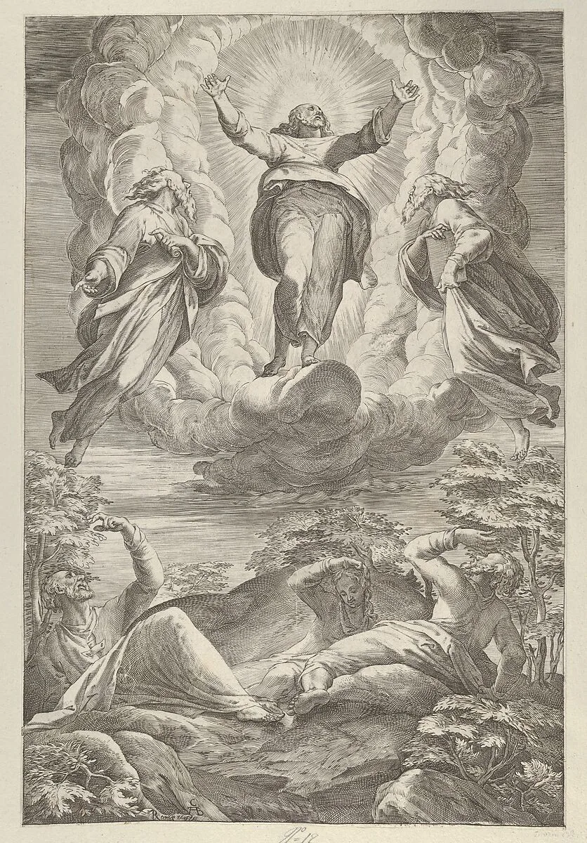 The Transfiguration with Christ flanked by two saints and with the Apostles below — Cherubino Alberti (Zaccaria Mattia)
