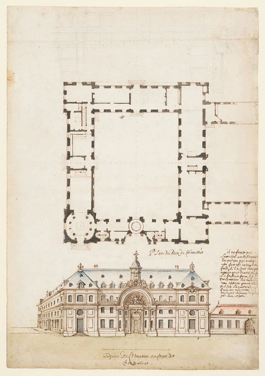Perspectival View and Floorplan of a Public (?) Building — Anonymous, French, 17th century