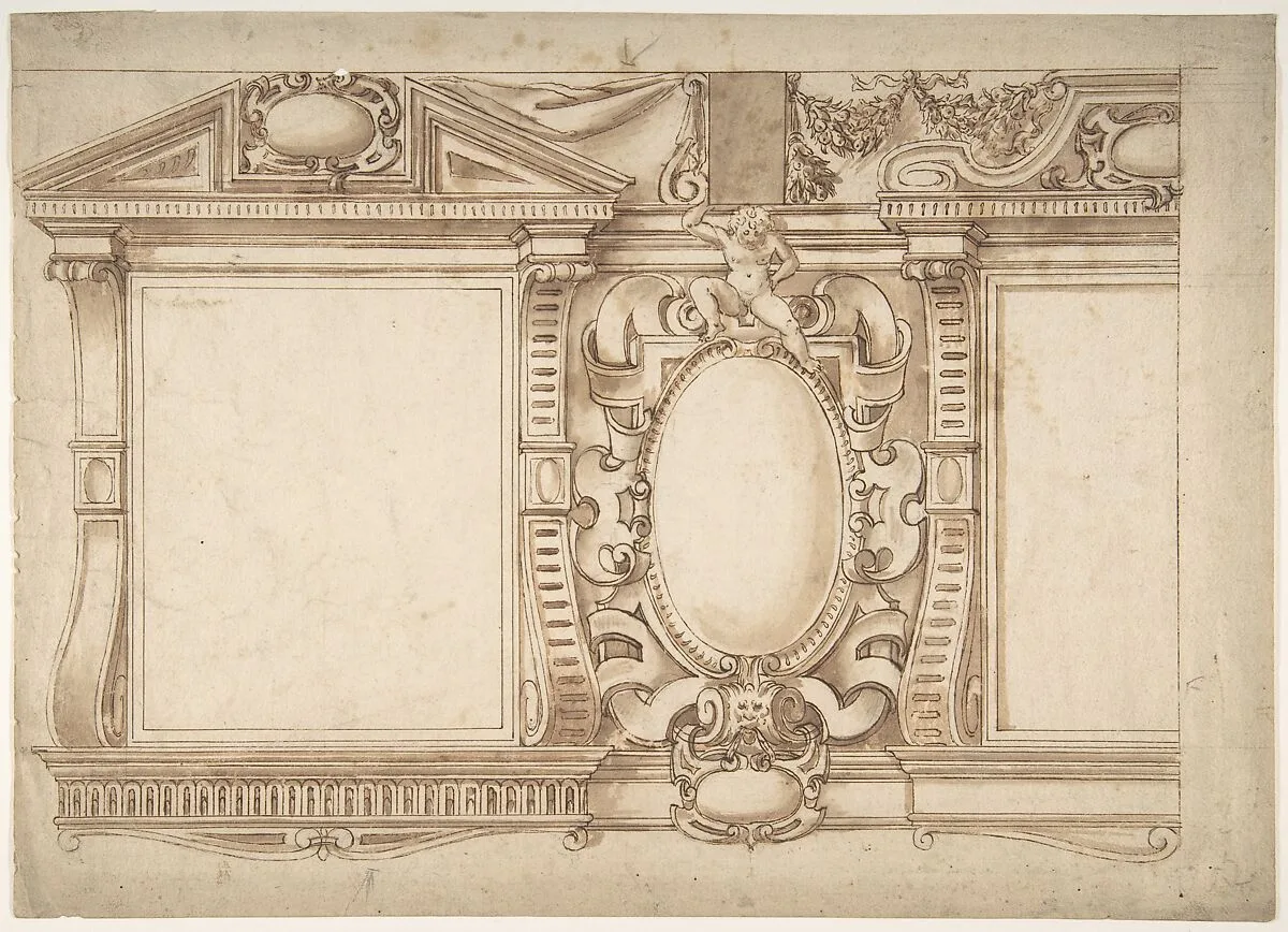 Design for an Interior Wall with Pedimented Niches or Windows, Flanking a Cartouche — Anonymous, Italian, 16th to 17th century