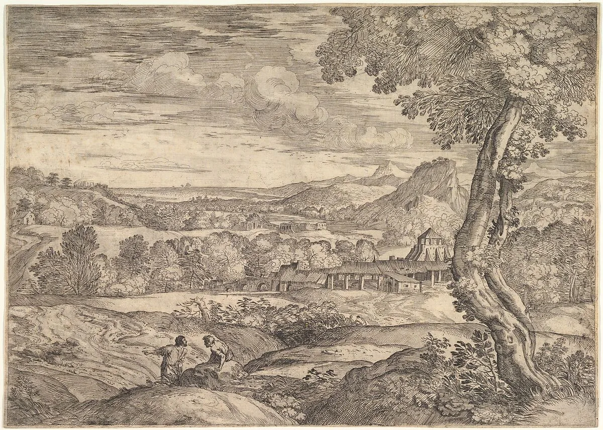 Landscape with a brick factory in the middle ground, a standing man in the foreground points to the left as he faces a man lying on a rock — Giovanni Francesco Grimaldi