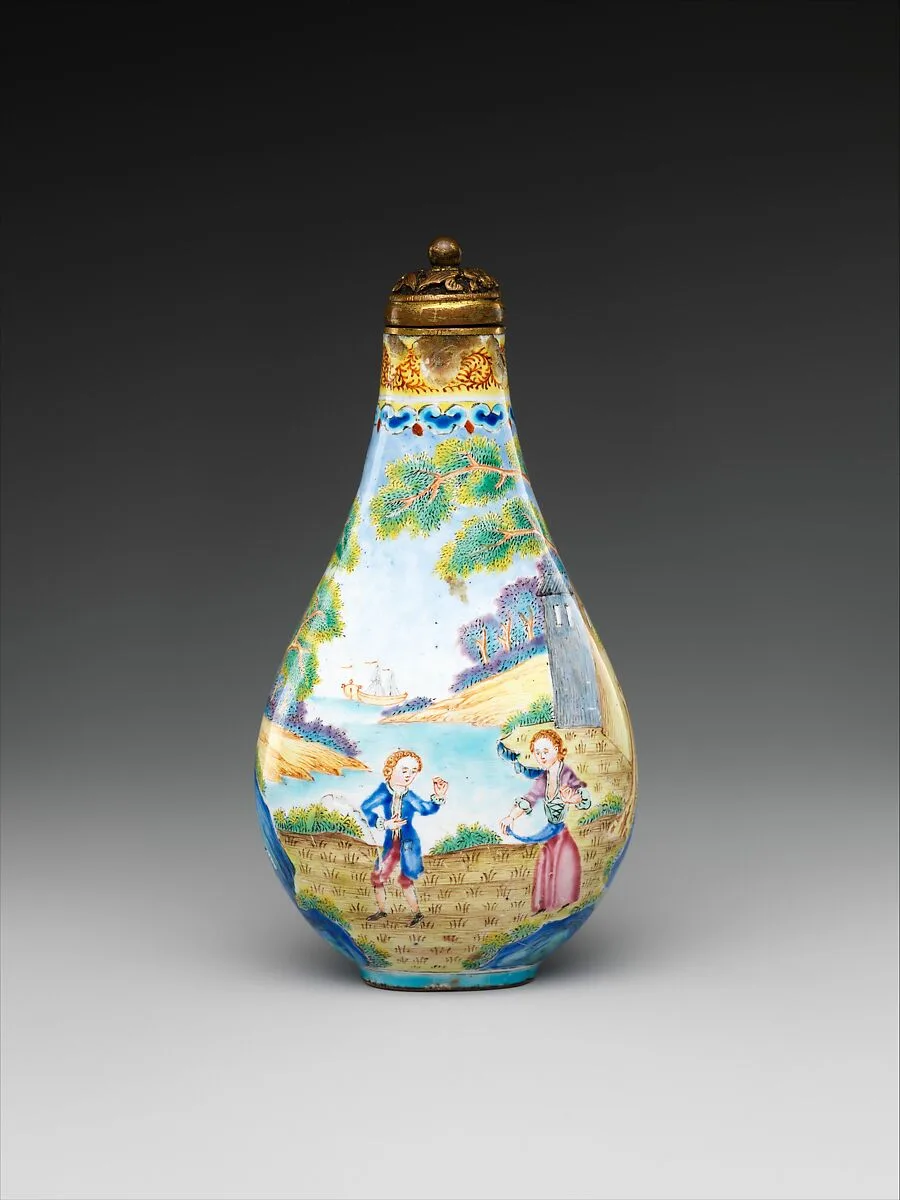 清乾隆 銅胎畫琺瑯西洋人物圖鼻煙壺|Snuff bottle with European figures — Unknown