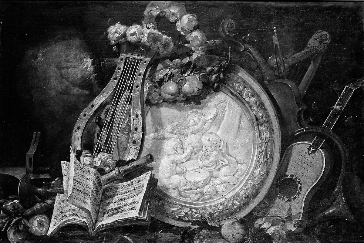 Putti Musicians in a Medallion, Surrounded by Musical Attributes, Flowers, and Fruit — Anne Vallayer-Coster|French Painter