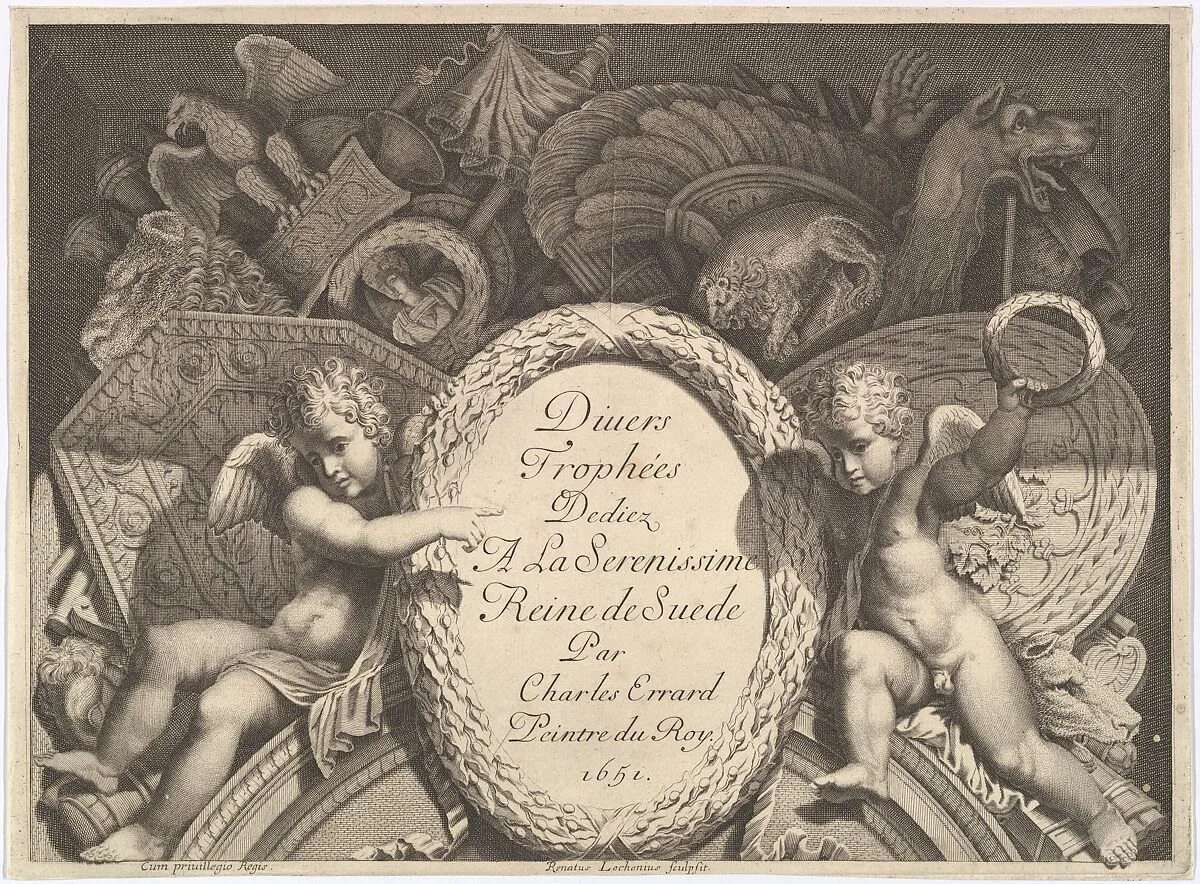 Title page of Divers Trophées (Weapon Trophies after the Façade of Palazzo Milesi in Rome) — René Lochon|Charles Errard le fils|Polidoro da Caravaggio