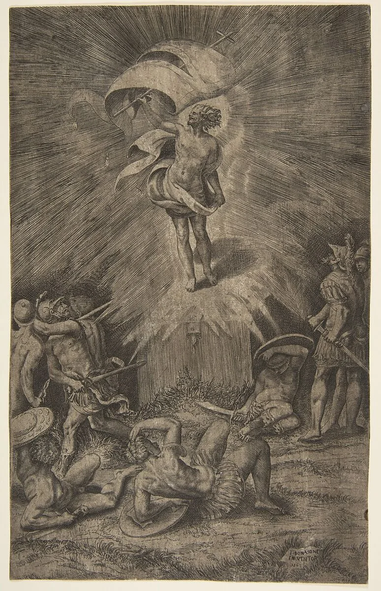The resurrection of Christ, holding a banner in his right hand, soldiers surrounding the tomb, some falling away — Giulio Bonasone|Titian (Tiziano Vecellio)