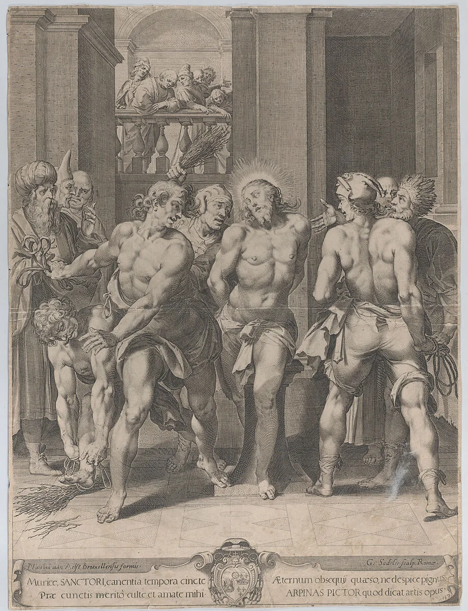 The Flagellation of Christ, with floggers on either side and figures watching from a balcony above in the background — Nicolaus van Aelst|Aegidius Sadeler II|Cavaliere d'Arpino (Giuseppe Cesari)