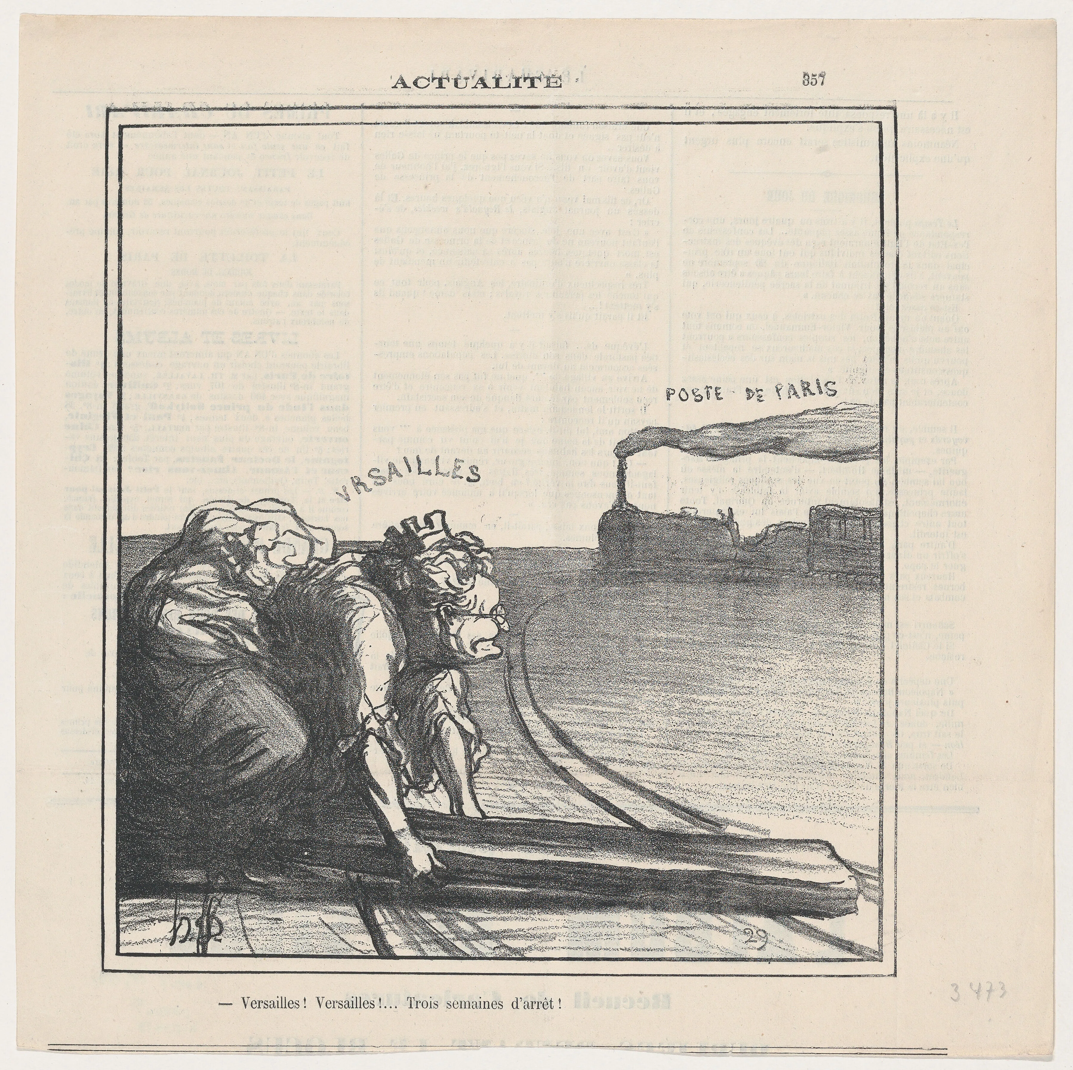 Versailles! Versailles!... Three weeks of interruption, from 'News of the day,' published in Le Charivari, April 18, 1871 — Honoré Daumier|Marie Joseph Louis Adolphe Thiers