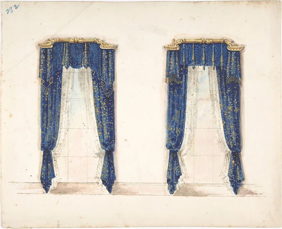 Design for Blue and Gold Curtains with Gold Fringes and a Gold Pediment — Anonymous, British, 19th century