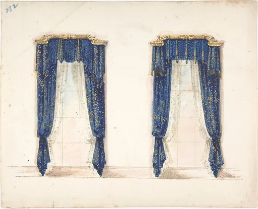 Design for Blue and Gold Curtains with Gold Fringes and a Gold Pediment