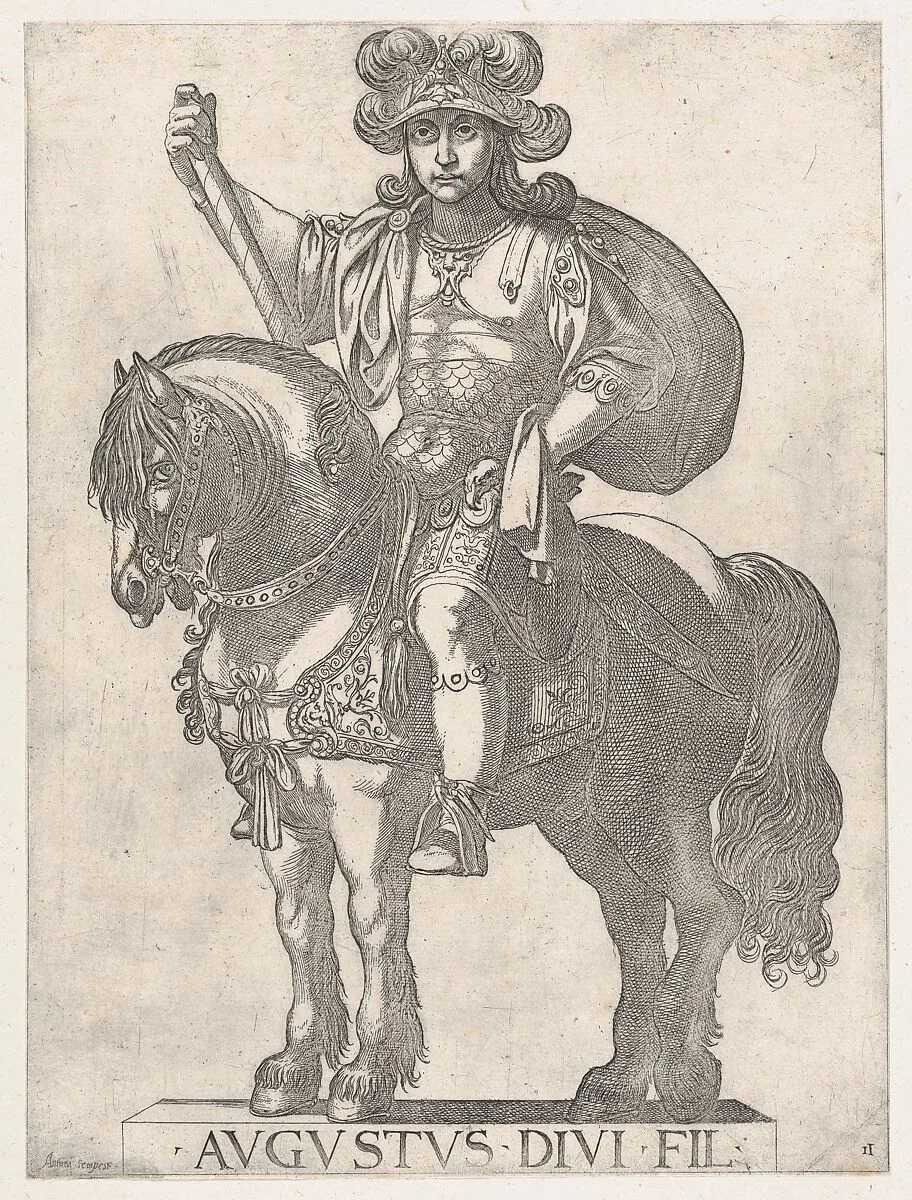 Plate 2: Emperor Augustus on Horseback, from 'the First Twelve Roman Caesars' — Antonio Tempesta|Giovanni Battista di Lazzaro Panzera da Parma
