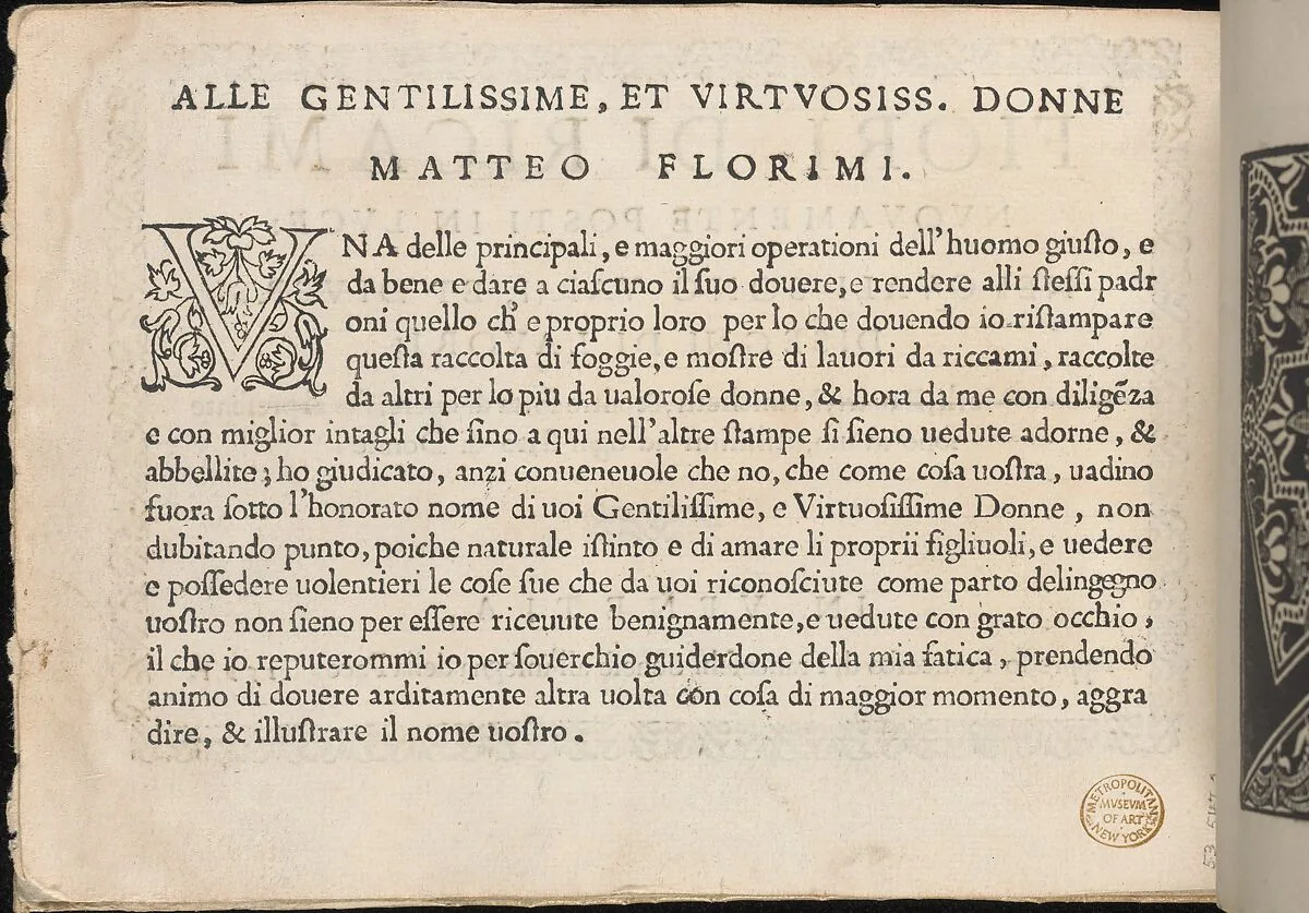 Fiori di Ricami Nuovamente Posti in Luce, title page (verso) — Matteo Florimi|Francesco de' Franceschi
