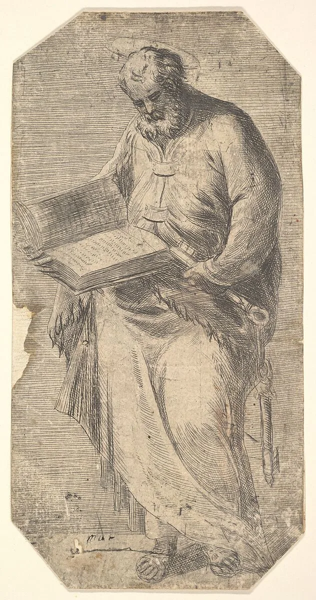 Saint Peter holding a large open book, keys by his side, from "Christ and the Apostles" — Andrea Schiavone (Andrea Meldola)