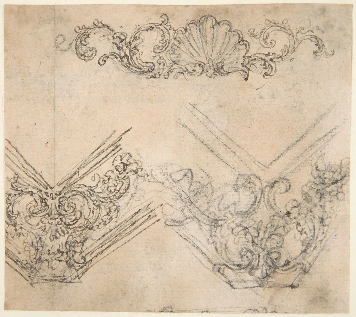 Designs for the Decoration of a Frieze and Corner Motifs (recto); Design for Two Frames Decorated with Volutes, Garlands and the Head of a Putto (verso) — Giovanni Battista Foggini