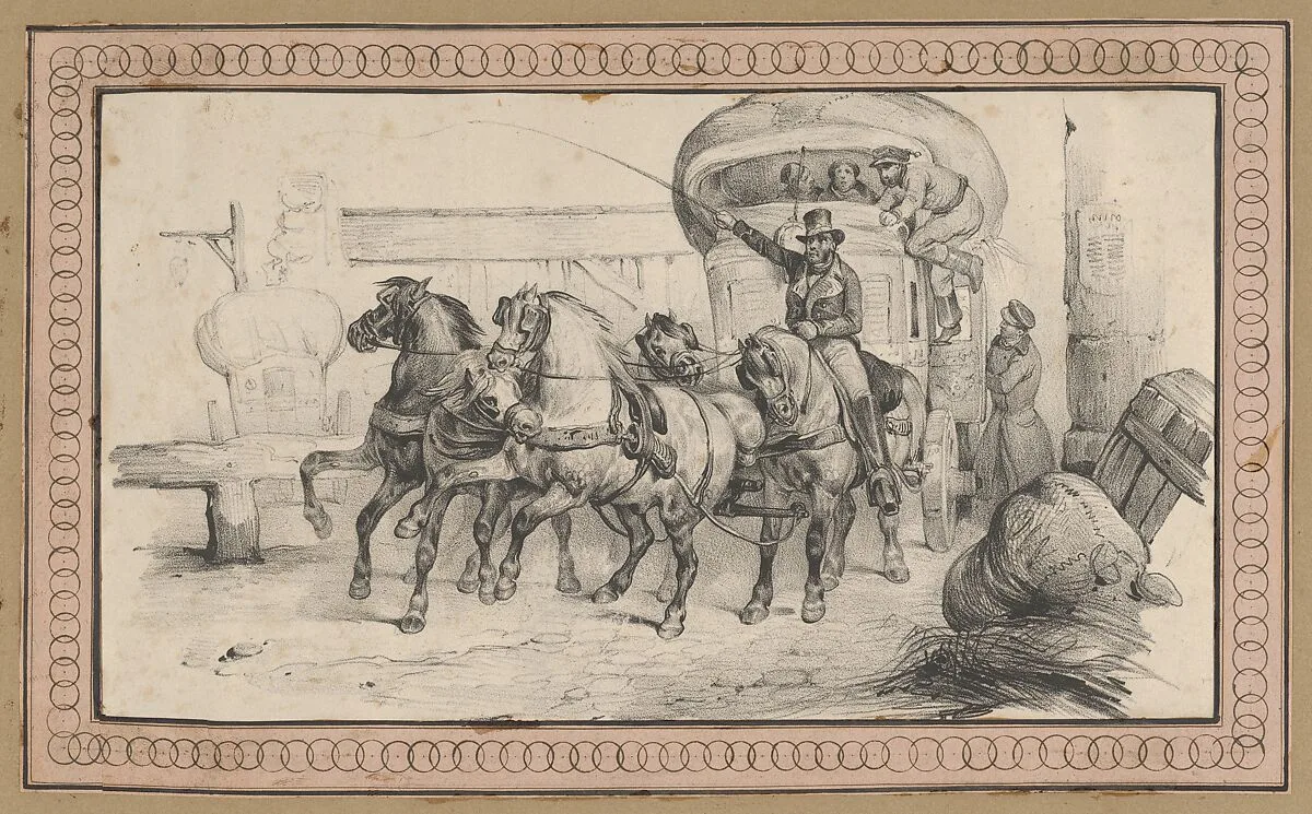 Five horses pulling a carriage with passengers — Victor Adam