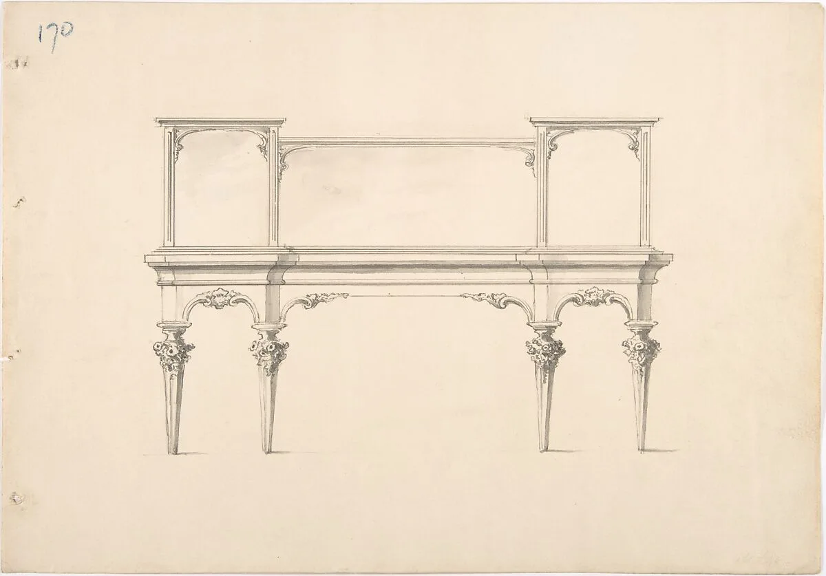 Design for a Mirrored Sideboard with Pointed Legs and Floral Ornament — Anonymous, British, 19th century