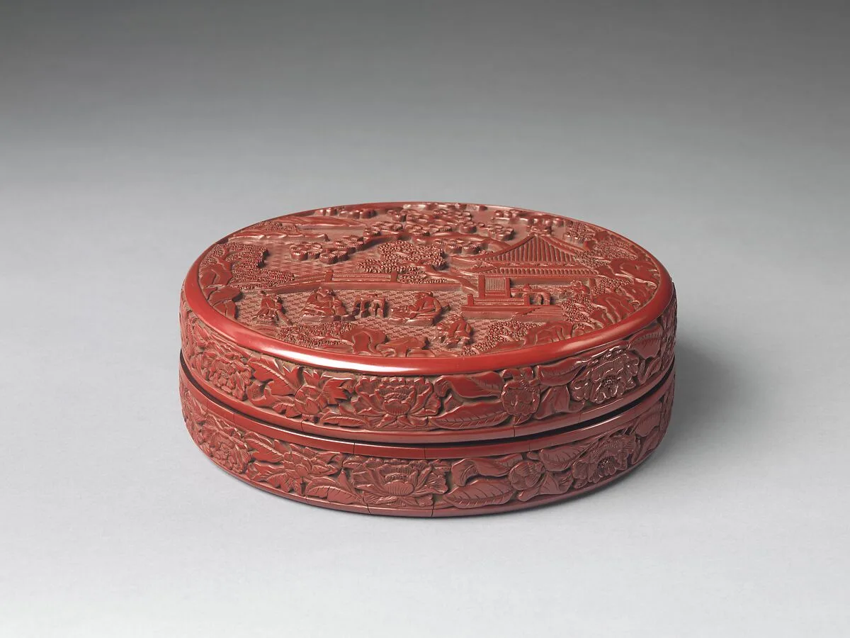 明永樂 剔紅高仕撫琴圖漆盒|Box with scene of a zither (qin) gathering — Unknown