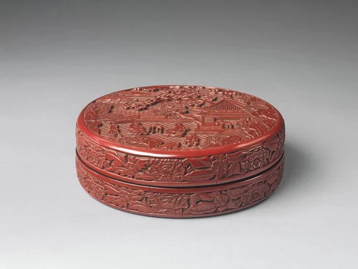 明永樂 剔紅高仕撫琴圖漆盒|Box with scene of a zither (qin) gathering
